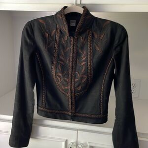 Black linen blend jacket with brown embroidery, size XS